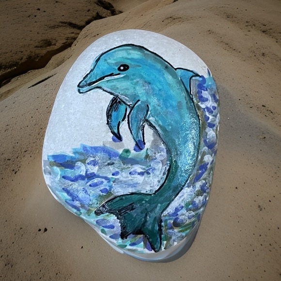 Hand crafted painted dolphin porpoise rock blue white background ocean waves - Picture 2 of 9